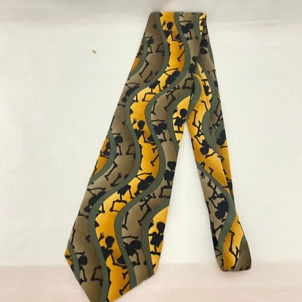 #5592 Grateful Dead Mustard Yellow and Olive Green Skeletal Necktie, Tie 55X4